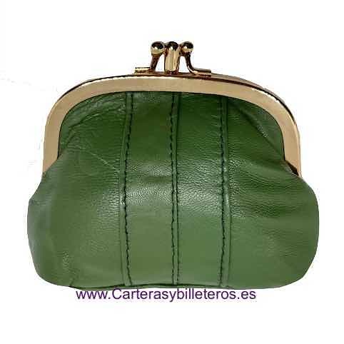 MONEDERO MUJER DE PIEL CON BOQUILLA DOBLE Y BOLSILLO MEDIANO -25 COLORES- VERDE OLIVA 