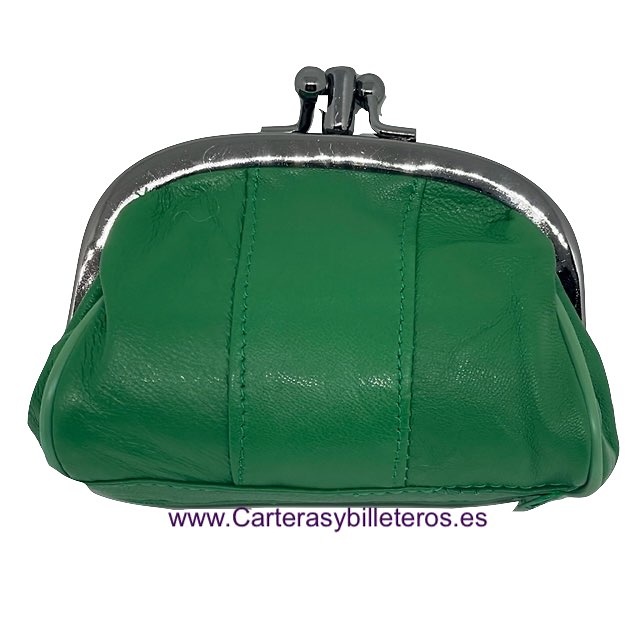 MONEDERO MUJER DE PIEL CON BOQUILLA DOBLE Y BOLSILLO MEDIANO -25 COLORES- VERDE 