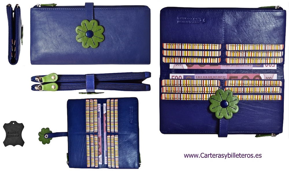 TARJETERO CARTERA DE MUJER GRANDE EN PIEL DE CALIDAD AZUL Y VERDE 