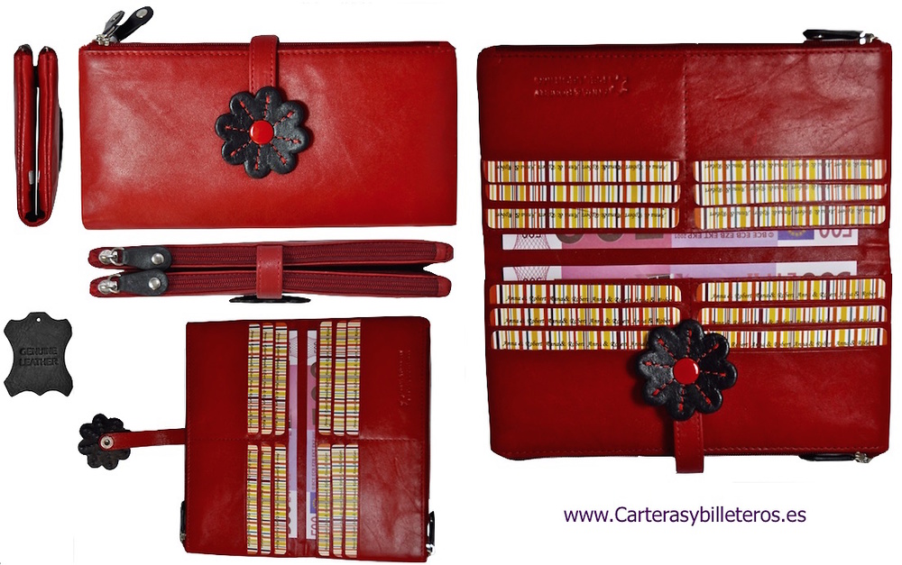 TARJETERO CARTERA DE MUJER GRANDE EN PIEL DE CALIDAD ROJO Y NEGRO 