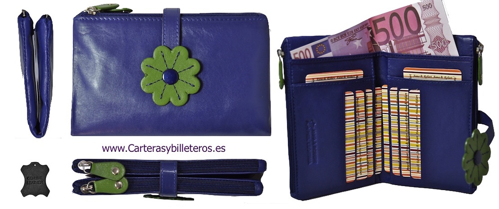 TARJETERO CARTERA DE MUJER MEDIANO EN PIEL DE CALIDAD AZUL Y VERDE 