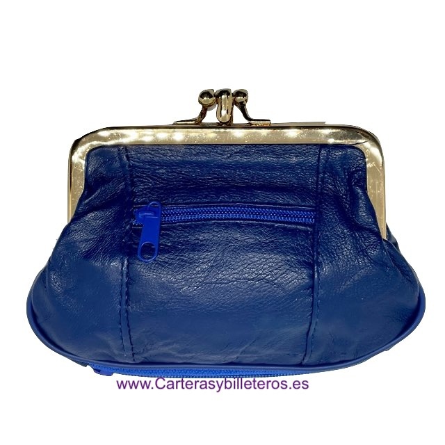 MONEDERO MUJER DE PIEL CON BOQUILLA DOBLE Y BOLSILLO MEDIANO -25 COLORES- AZUL MARINO 