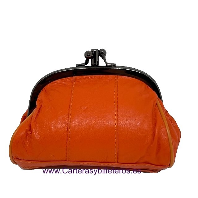 MONEDERO MUJER DE PIEL CON BOQUILLA DOBLE Y BOLSILLO MEDIANO -25 COLORES- NARANJA 