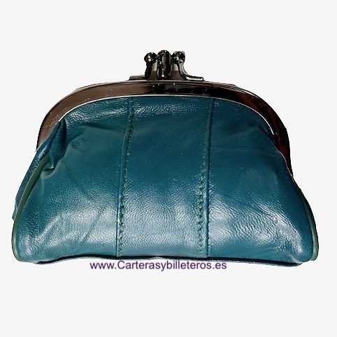 MONEDERO MUJER DE PIEL CON BOQUILLA DOBLE Y BOLSILLO MEDIANO -25 COLORES- VERDE AZUL 