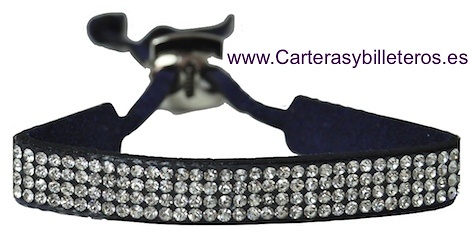 PULSERA DE PIEL ANTE Y STRASS CON CIERRE METAL REGULABLE 10 COLORES AZUL MARINO 