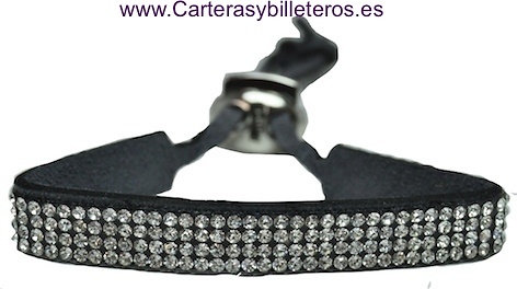 PULSERA DE PIEL ANTE Y STRASS CON CIERRE METAL REGULABLE 10 COLORES GRIS 