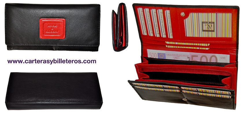 CARTERA BILLETERA MUJER DE PIEL DE DISEÑO GRANDE NEGRO Y ROJO 