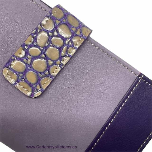 CARTERA GRANDE DE MUJER DE PIEL UBRIQUE LILA CON ADORNO MORADO 