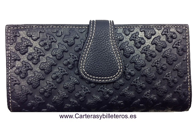 CARTERA MUJER GRANDE DE CUERO CON OSITOS AZUL MARINO 