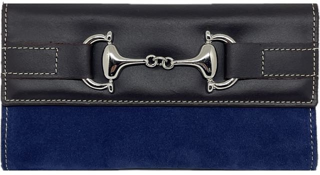 CARTERA GRANDE DE MUJER DE PIEL UBRIQUE VACUNO Y ANTE ADORNO PLATEADO 6 COLORES AZUL MARINO 