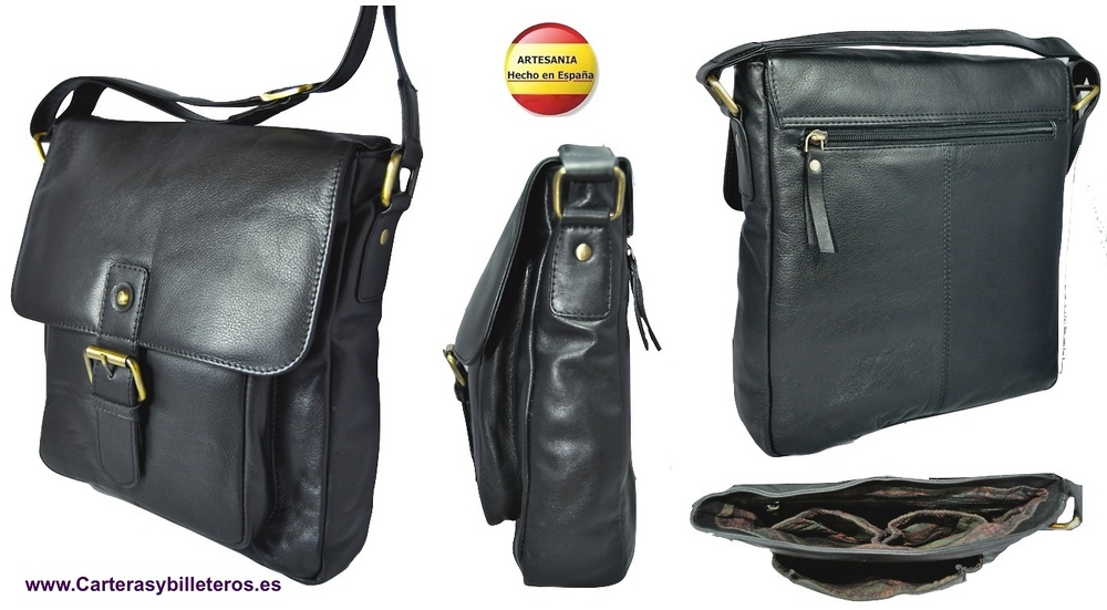 BOLSO DE HOMBRE GRANDE DE PIEL HECHO EN UBRIQUE CON BOLSILLOS. NEGRO 