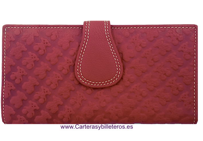 CARTERA MUJER DE CUERO CON OSITOS MEDIANA + COLORES CEREZA 