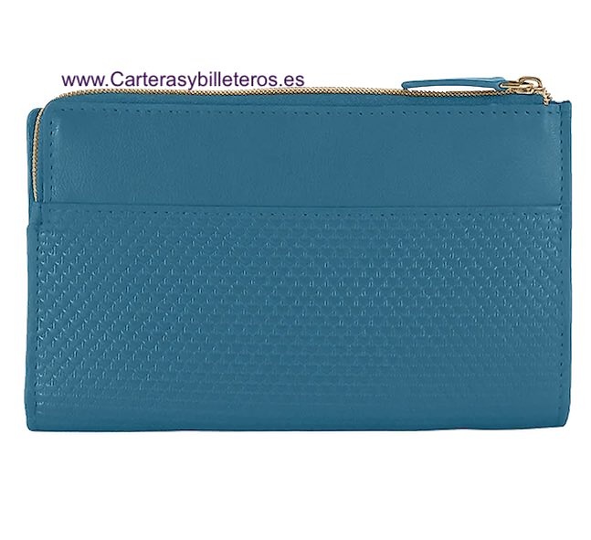 CARTERA PEQUEÑA DE MUJER DE PIEL CON GRABADO TEXTURIZADO ACQ AZUL AZAFATA 