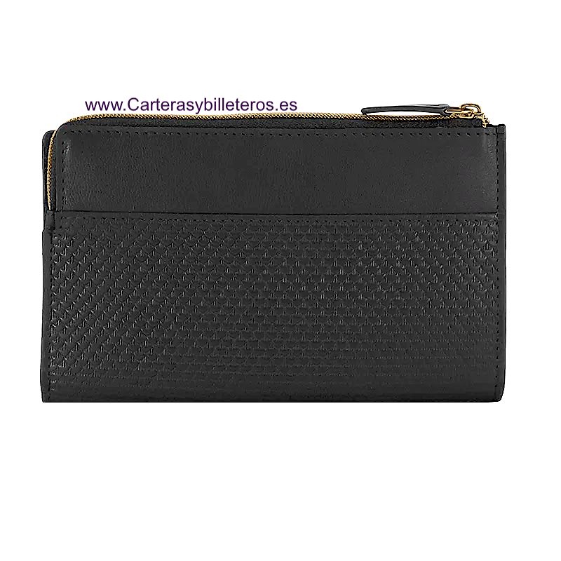 CARTERA PEQUEÑA DE MUJER DE PIEL CON GRABADO TEXTURIZADO ACQ NEGRO 