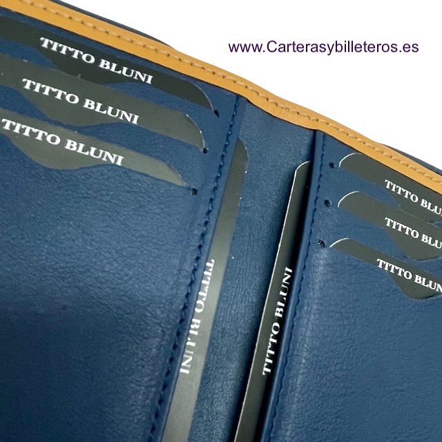 TARJETERO HOMBRE TITTO BLUNI DE PIEL LUXURY 16 TARJETAS AZUL MARINO Y CUERO 