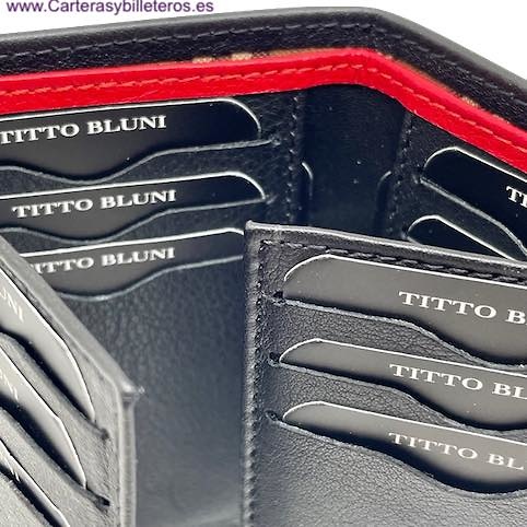 TARJETERO HOMBRE TITTO BLUNI DE PIEL LUXURY 16 TARJETAS NEGRO Y ROJO 