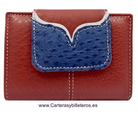 CARTERA MUJER PEQUEÑA DE PIEL UBRIQUE MUY COMPLETA Y GRAN CALIDAD - MUCHOS COLORES- ROJO CON AZUL EN AVESTRUZ Y BLANCO 