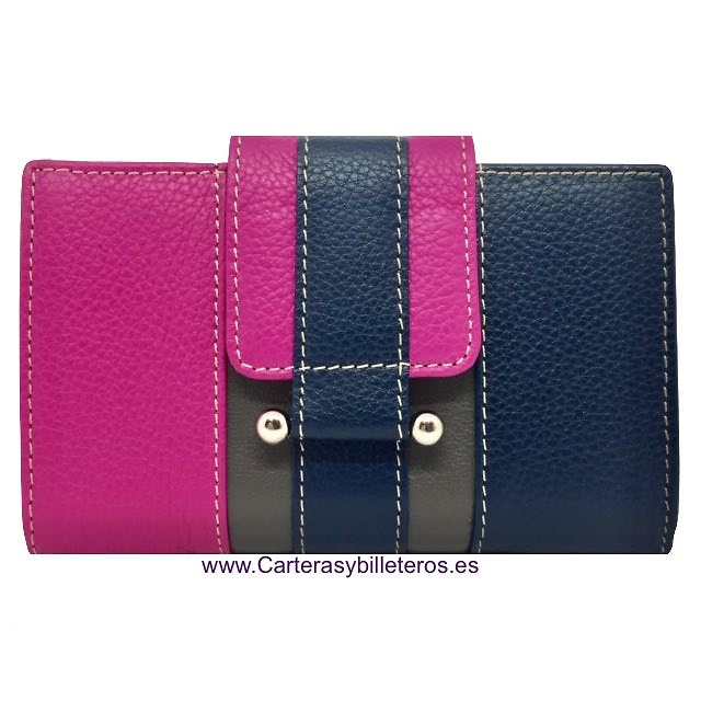 CARTERA MUJER BILLETERA DE PIEL DE UBRIQUE CON CIERRE FUCSIA AZUL Y GRIS 