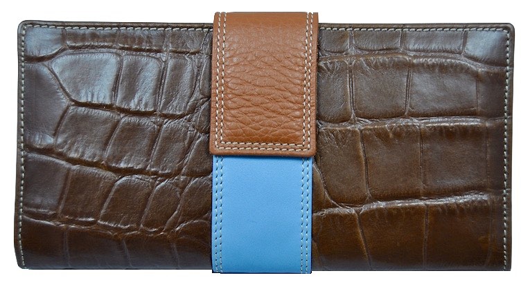 CARTERA BILLETERA DE MUJER DE PIEL COCO Y NAPA HECHA EN UBRIQUE MEDIANA CAMEL Y AZUL 