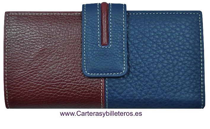 CARTERA MUJER DE PIEL DE TERNERA HECHA EN UBRIQUE AZUL Y CEREZA 