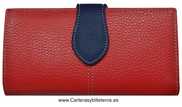 CARTERA DE MUJER CON MONEDERO TARJETERIO DE PIEL DE UBRIQUE GRANDE ROJA Y AZUL MARINO 