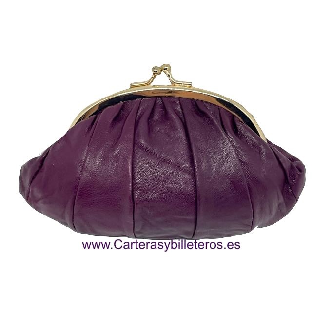 MONEDERO CARTERA DOBLE DE MANO CON BOQUILLA DE PIEL -25 COLORES- MORADO 