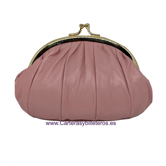 MONEDERO CARTERA DOBLE DE MANO CON BOQUILLA DE PIEL -25 COLORES- ROSA 