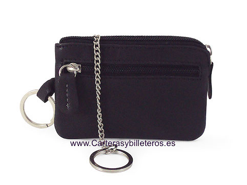 MONEDERO DE PIEL CON DOBLE LLAVERO DE ANILLAS CON CADENA -5 COLORES- NEGRO 