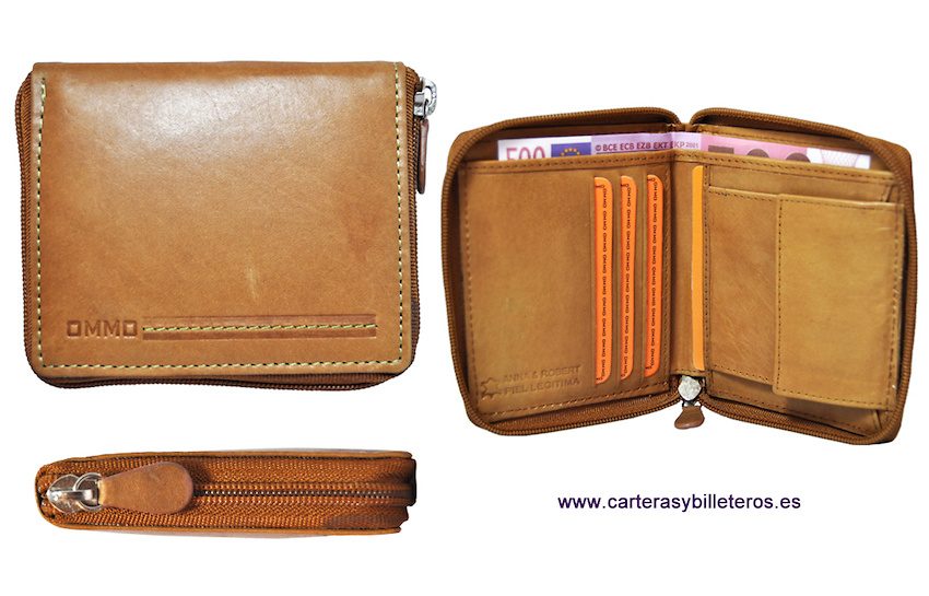 CARTERA DE PIEL CON MONEDERO CON CREMALLERA EXTERIOR CUERO 