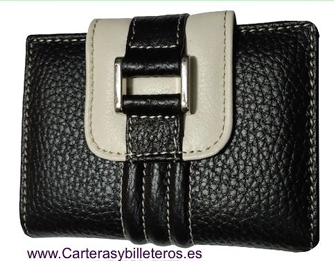 CARTERA DE PIEL PARA MUJER PEQUEÑA PERO MUY COMPLETA NEGRO Y BEIGE 