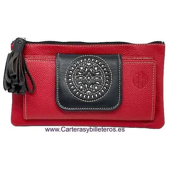 BOLSO CARTERA DE MUJER CON ADORNO DE BORLA EN EL CIERRE - 15 COLORES - ROJO INTENSO VACUNO CON MARRÓN 