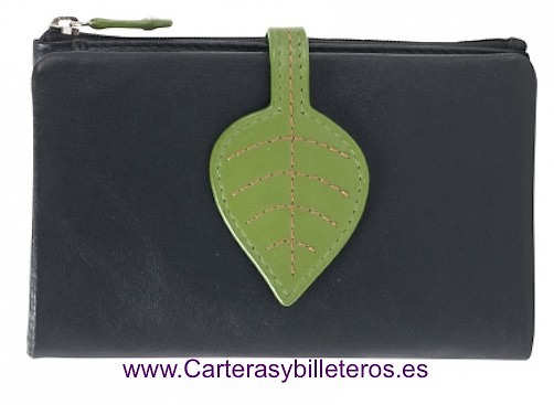 CARTERA MUJER DE PIEL CON MONEDERO BILLETERO MEDIANA NEGRO 