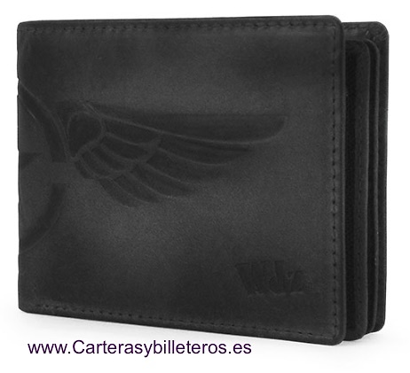 CARTERA MONEDERO HOMBRE PIEL GRABADA A RELIEVE NEGRA 