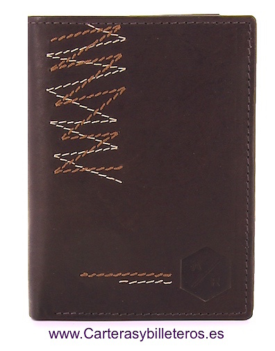 CARTERA CON MONEDERO PARA HOMBRE DE PIEL CON EFECTO DESGASTE Y ZIG ZAG MARRON 