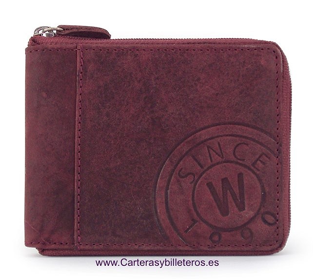 CARTERA HOMBRE PIEL CERRADA POR CREMALLERA ROJO OSCURO 