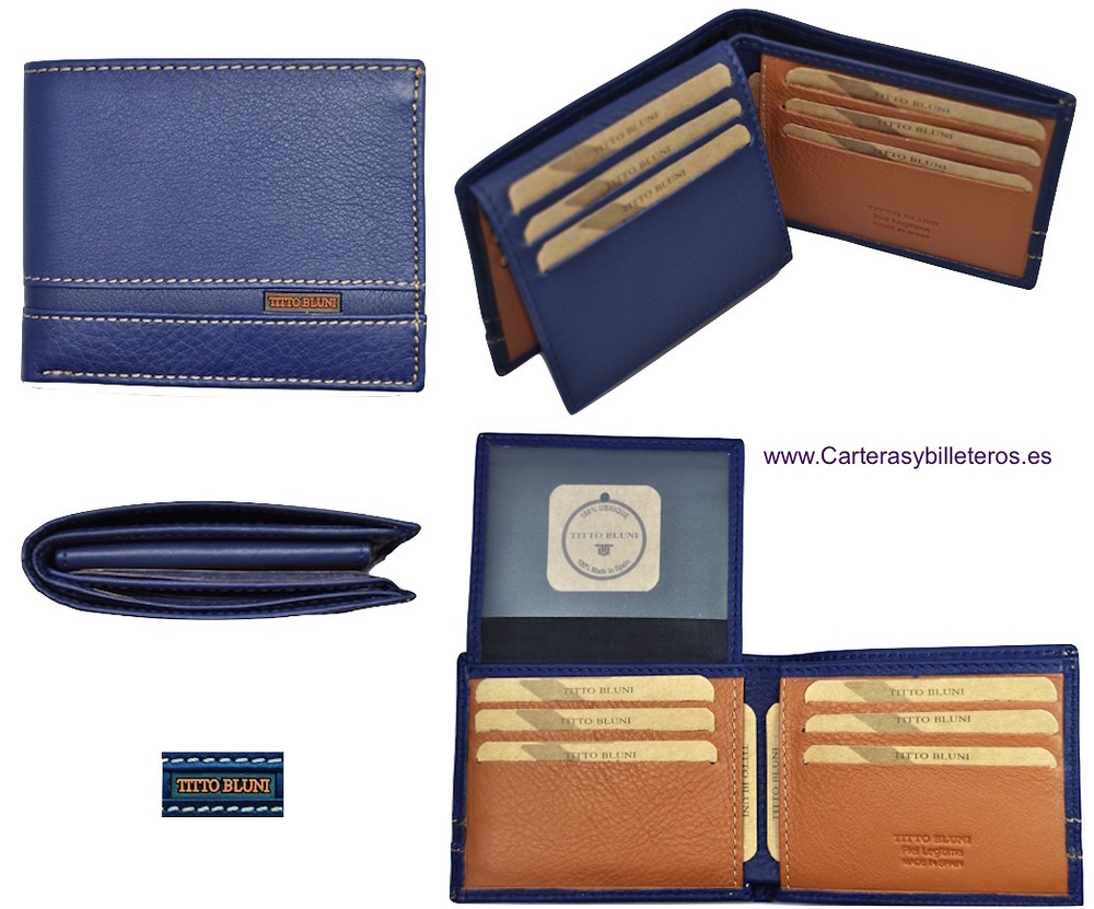 CARTERAS HOMBRE PIEL LUXURY MARCA TITTO BLUNI HECHA EN UBRIQUE AZUL Y CUERO 