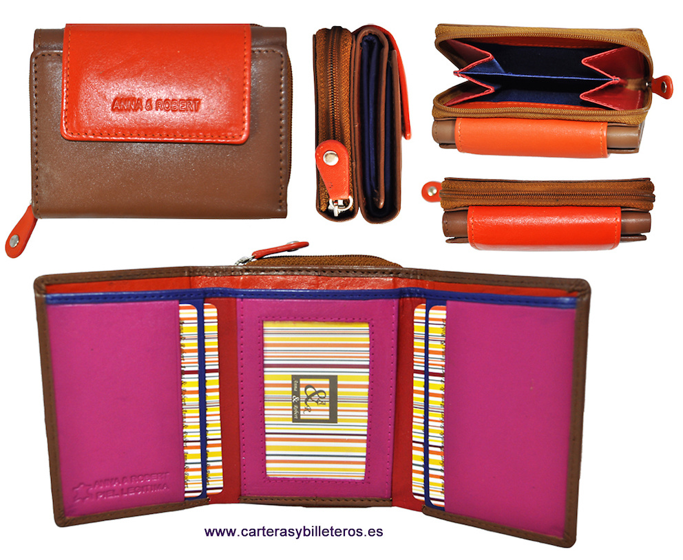 MONEDERO BILLETERO DE MUJER EN PIEL MUY COMPLETO CAMEL Y NARANJA 