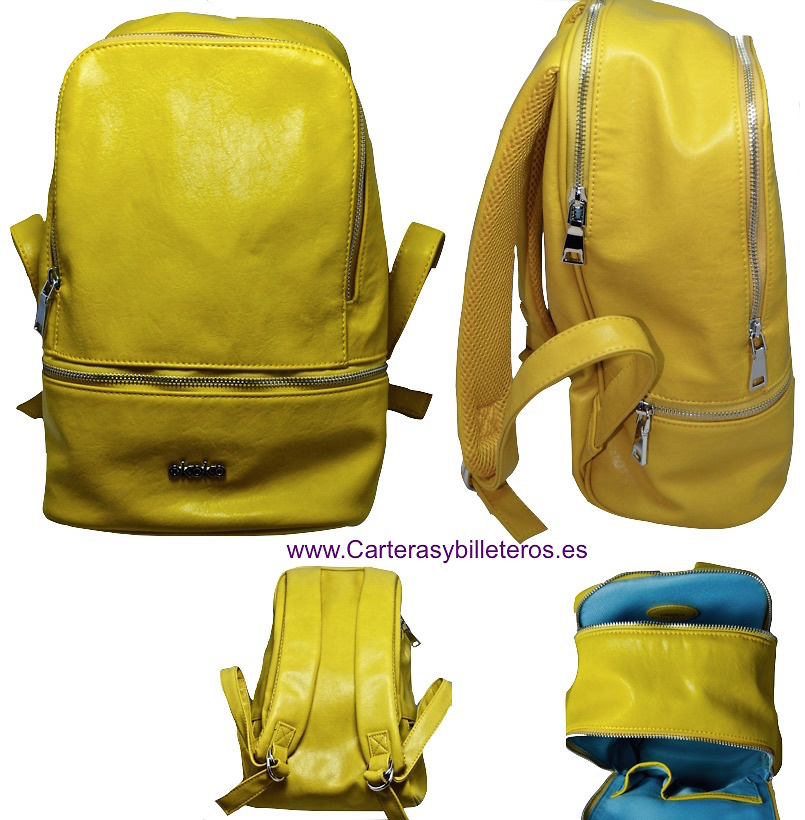 MOCHILA URBANA HECHA EN POLIPIEL CON TRES COMPARTIMENTOS Y DOS BOLSILLOS AMARILLO 