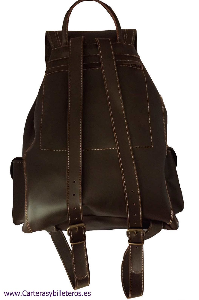 MOCHILA DE PIEL GRANDE CON CUATRO BOLSILLOS MARRON CASTAÑO 