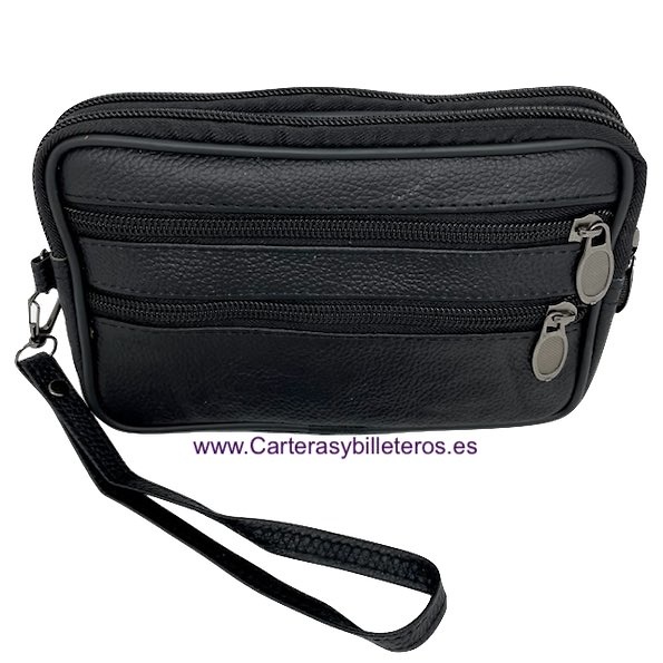 BOLSO DE PIEL CON ASA DE MANO Y CUATRO BOLSILLOS DE CREMALLERA NEGRO 