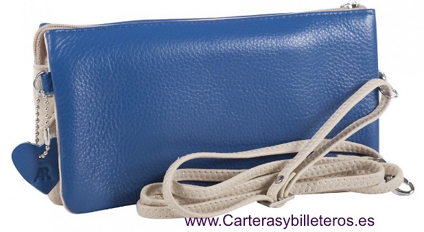 BOLSO DE CRUZAR PIEL BICOLOR SE PUEDE USAR COMO CARTERA DE MANO AZUL Y BEIGE 