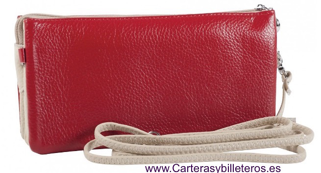 BOLSO DE CRUZAR PIEL BICOLOR SE PUEDE USAR COMO CARTERA DE MANO BEIGE -ROJO 