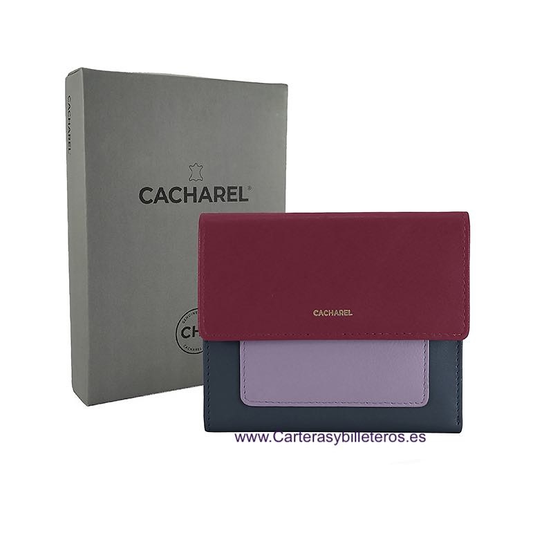 CARTERA DE MUJER MARCA CACHAREL HECHA DE PIEL COMBINANDO TRES COLORES MUY ELEGANTE FRESA Y AZUL MARINO 