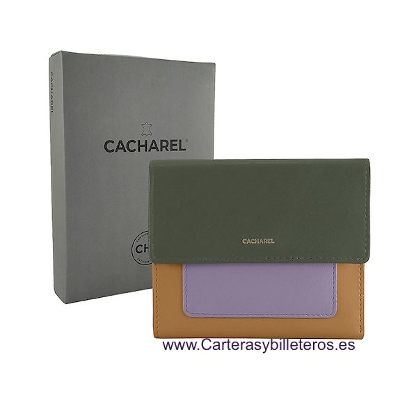 CARTERA DE MUJER MARCA CACHAREL HECHA DE PIEL COMBINANDO TRES COLORES MUY ELEGANTE KHAKI Y MOSTAZA 