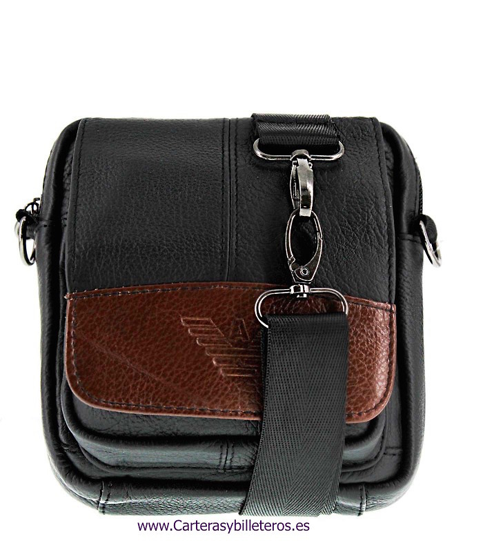 BOLSO HOMBRE PIEL PARA HOMBRO Y CINTURA PEQUEÑO NEGRO Y CUERO 