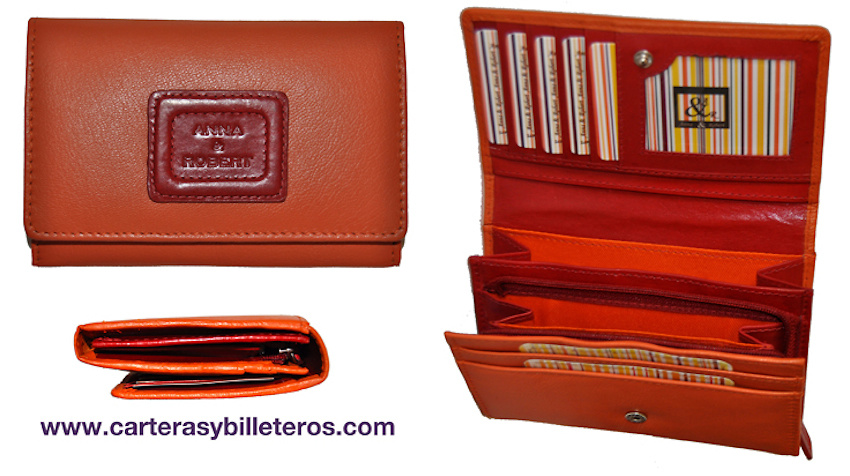 MONEDERO CARTERA MUJER DE PIEL DE DISEÑO NARANJA Y ROJO 