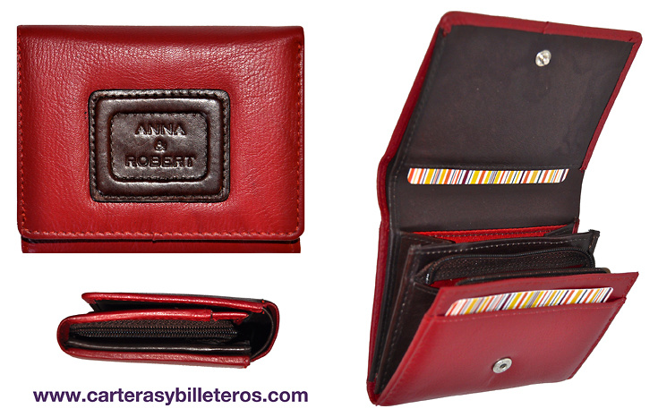 MONEDERO CARTERA MUJER DE PIEL DE DISEÑO ROJO Y MARRON OSCURO 