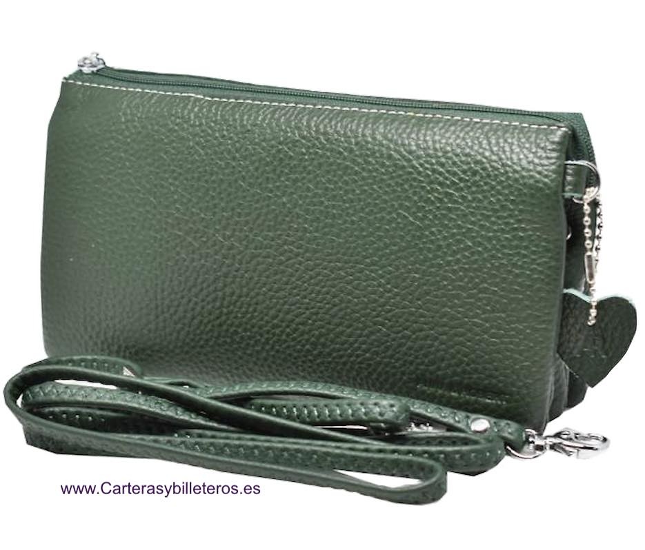 BOLSO DE PIEL QUE SE PUEDE USAR DE CARTERA DE MANO O LLEVAR CRUZADO -5 COLORES- VERDE 