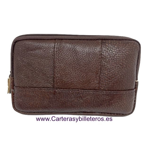 BOLSA PIEL PARA LLEVAR A LA CINTURA CON CREMALLERA Y BOLSILLO EXTERIOR. MARRÓN OSCURO 