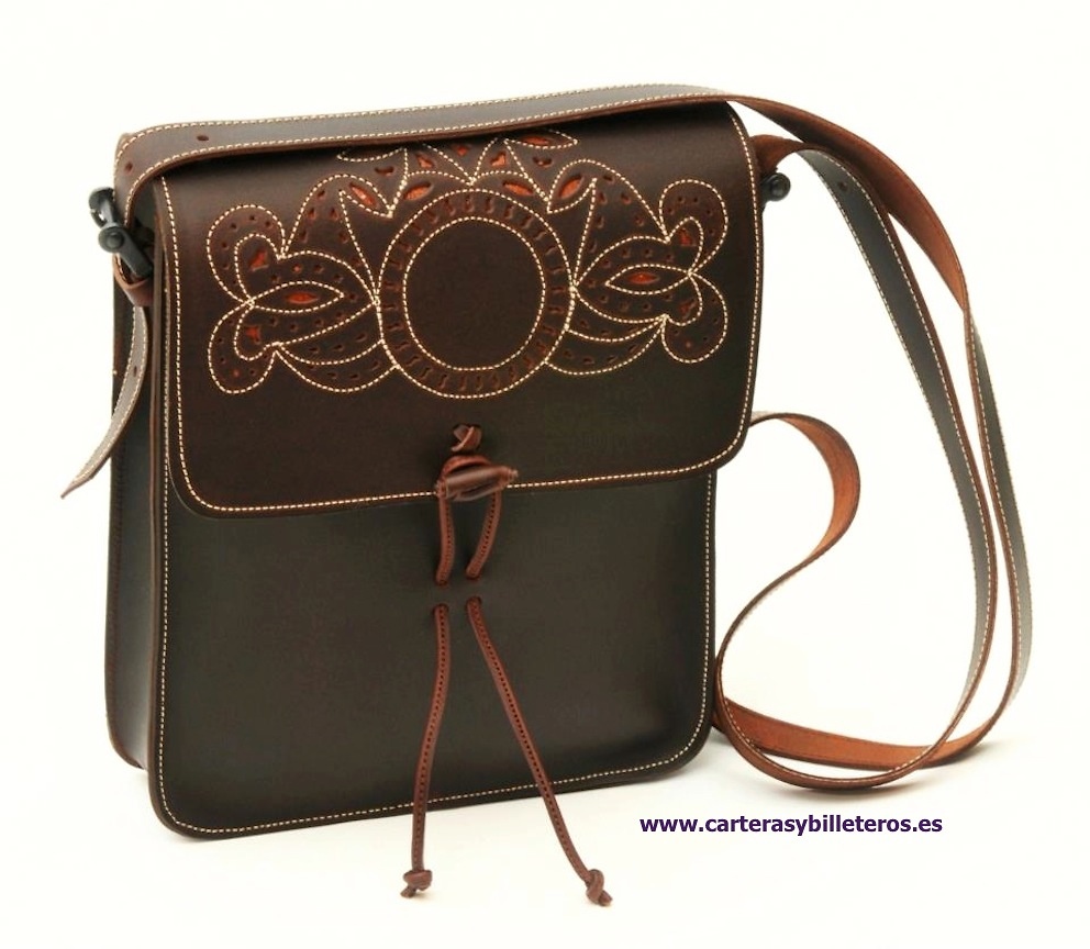 BOLSO DE CUERO ENGRASADO ARTESANIA MARROQUINERA CASTAÑO OSCURO Y NARANJA 